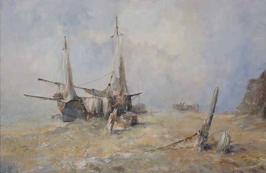 Interlude Marine oil painting of sailing ship beached on the East Yorkshire coast