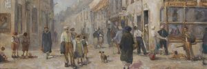 A collection of oil paintings depicting urban landscapes and street scenes